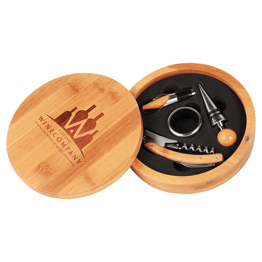 Round Bamboo 4 Piece Wine Tool Set